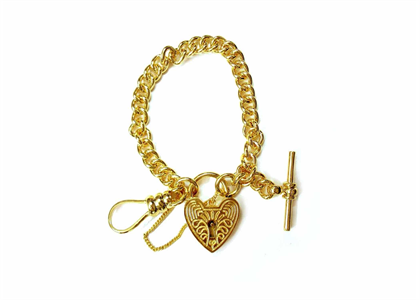 Gold Plated Mens Toggle Heart Charm Chain Bracelet